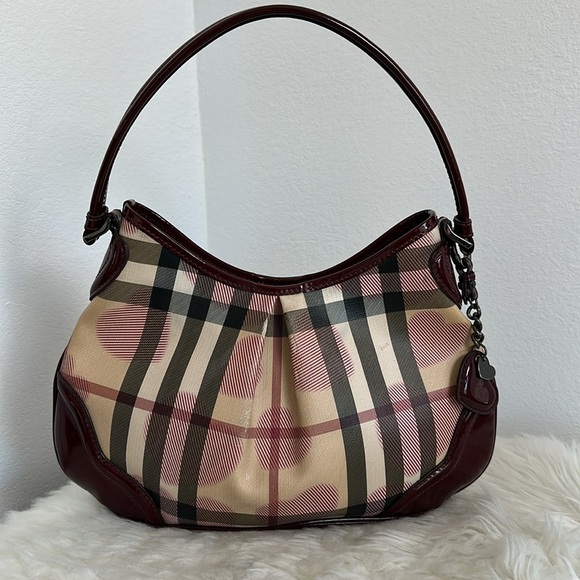 💯Authentic Burberry Plaid Hobo Bag - Burgundy and Cream🍀 - Picture 10 of 14
